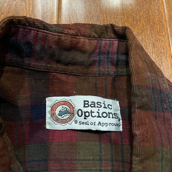 Basic Options Vintage Corduroy Plaid Flannel Brown Button Front Shirt Mens Large - Picture 7 of 9